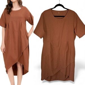 Mordenmiss Linen Cotton Dress Large Irregular Hem Shirt Dress Pockets Brown
